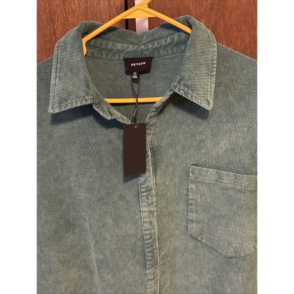 NEW Corduroy Long Shacket/Shirt W/Pocket Raw Edge Bottom sz1X Heyson Green - Picture 2 of 6
